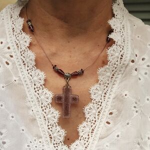 Cross Glass Pendant Necklace in Purple With Bracelet. Glass Beads Costume Set